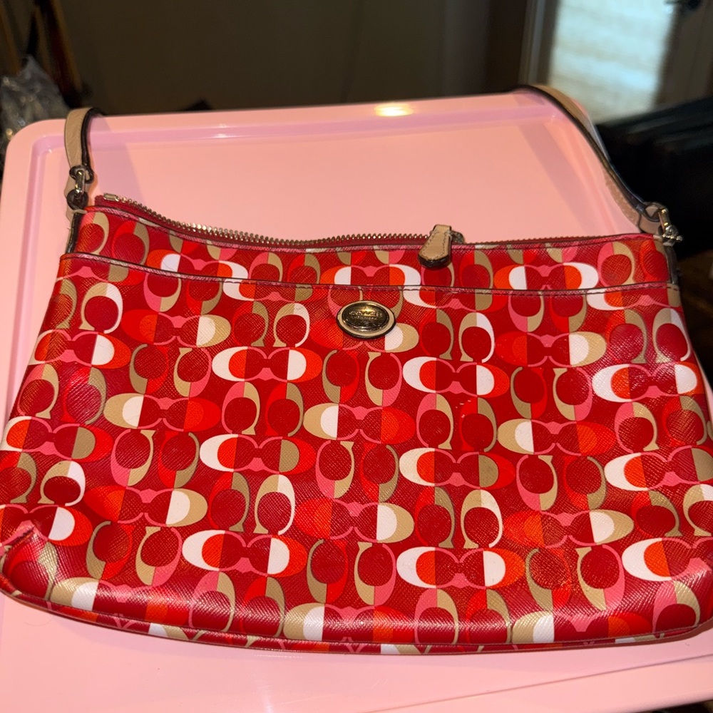 Coach Red and Brown Patterned Shoulder Bag